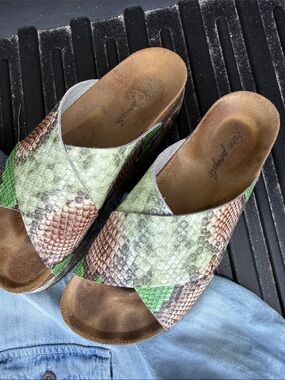 Free People Green Brown Snake-Embossed Slide Mules